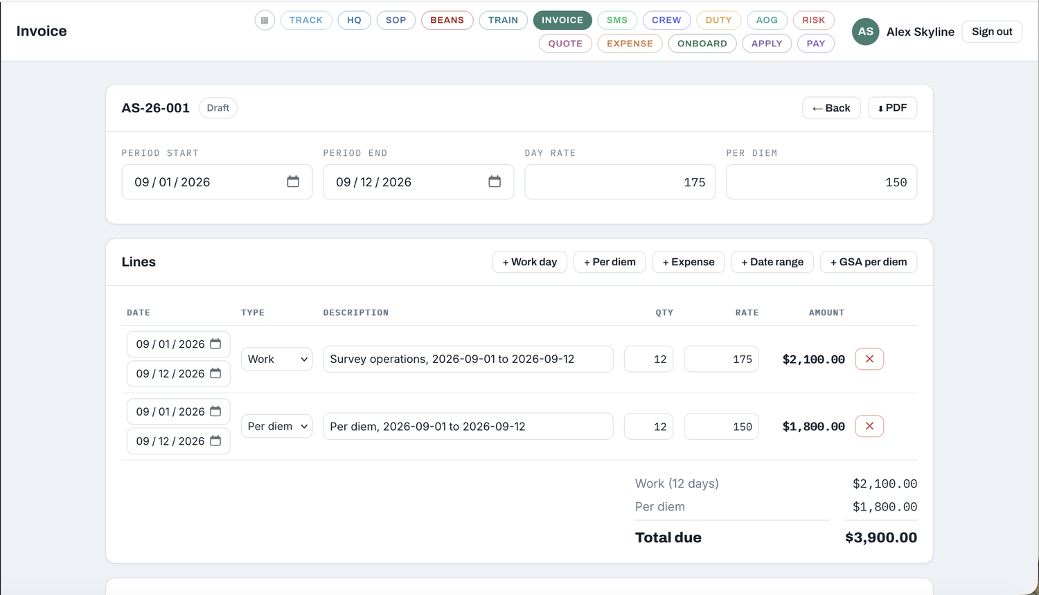 Building an invoice: days, per diem, expenses