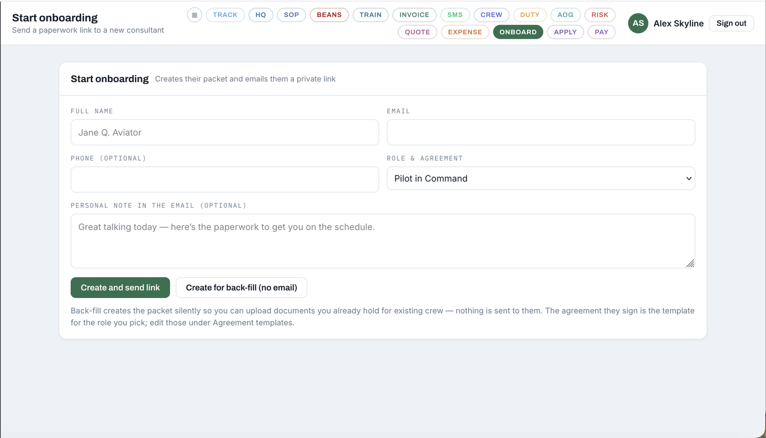 What the new contractor sees — resumable, mobile-first