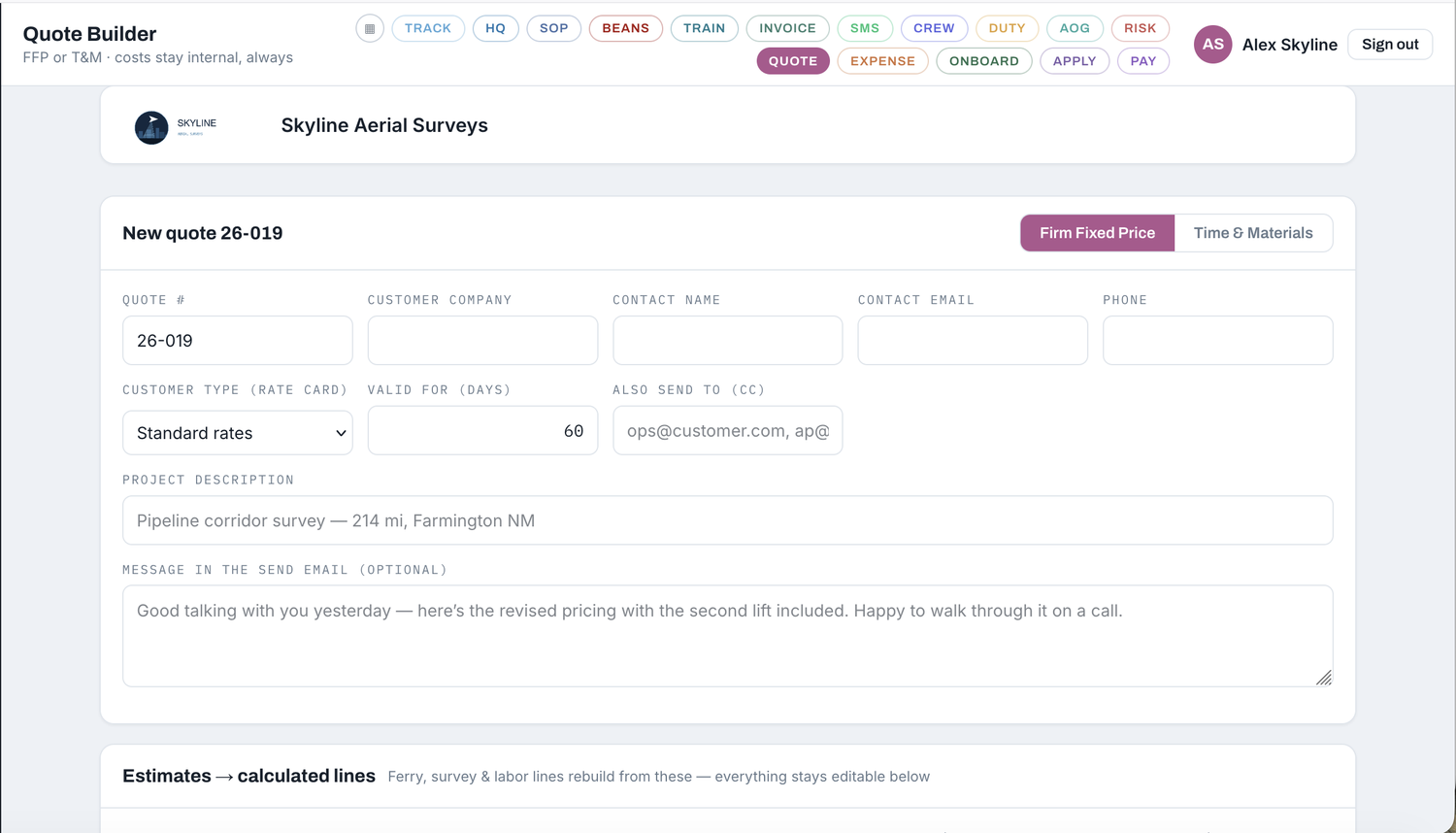 Building the quote from ferry, survey and sensor lines
