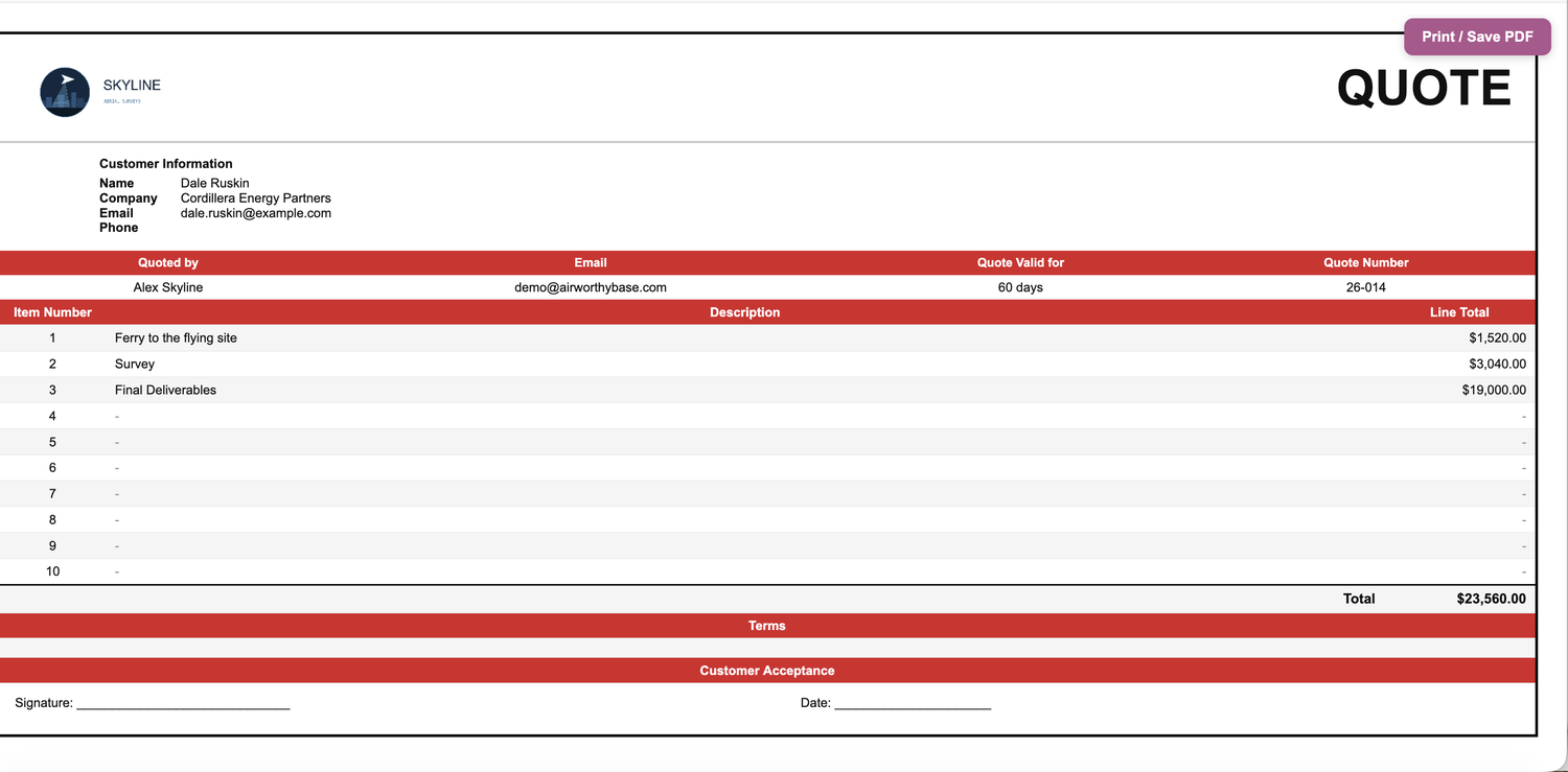 What the customer sees — price, terms, signature