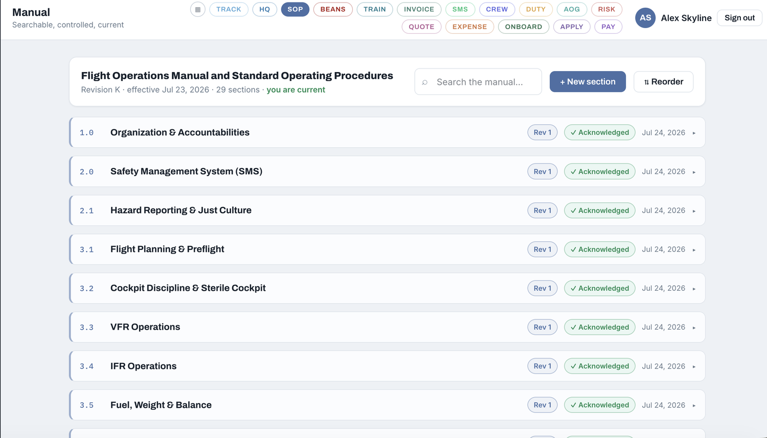The manual, searchable, with revision state on every section