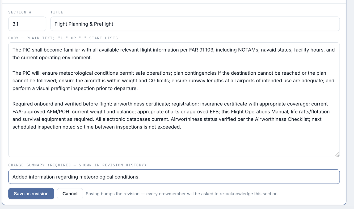 Editing a section — the change summary is required